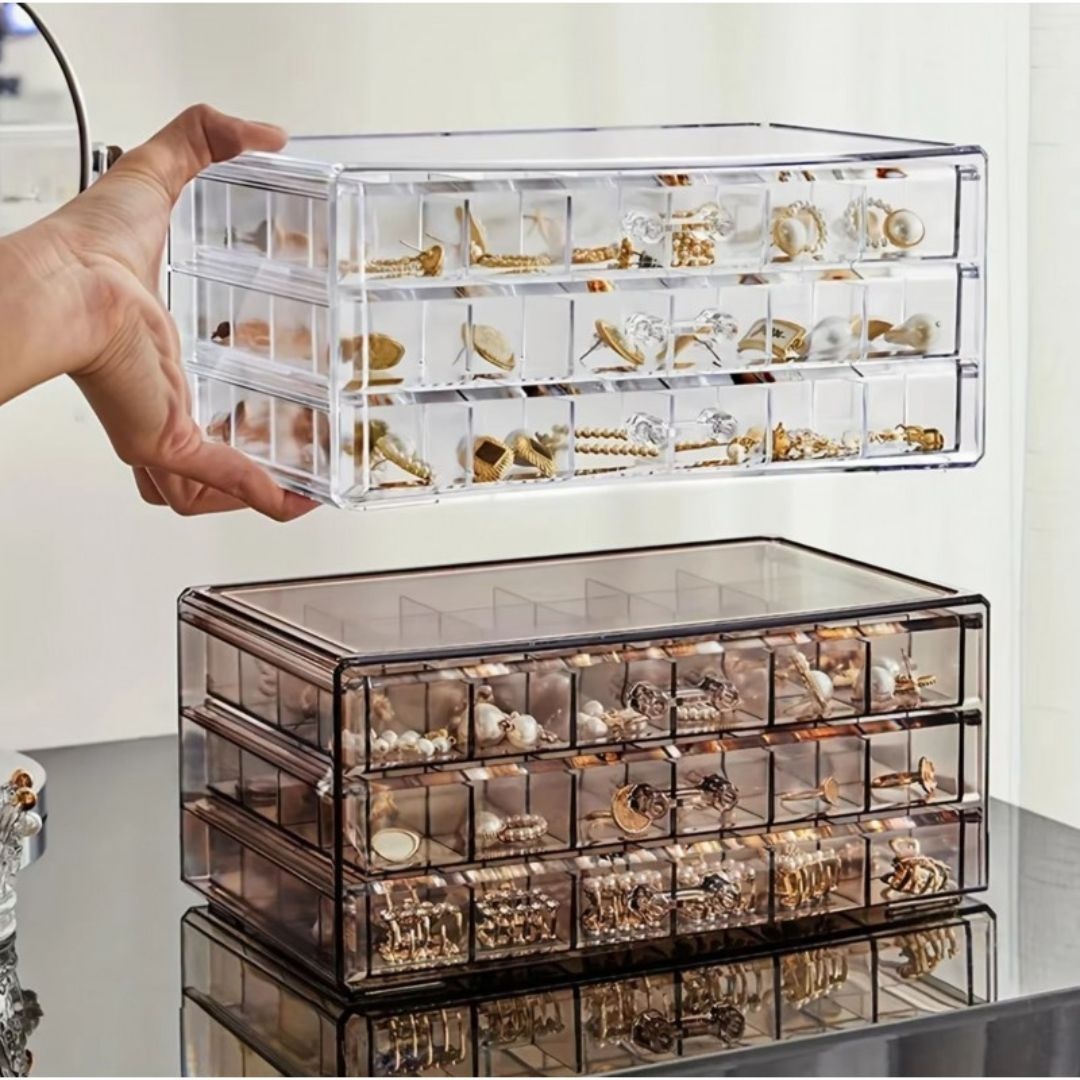 Cutie pentru bijuterii, organizator transparent &ndash; 3 sertare, 72 compartimente, Ecarla